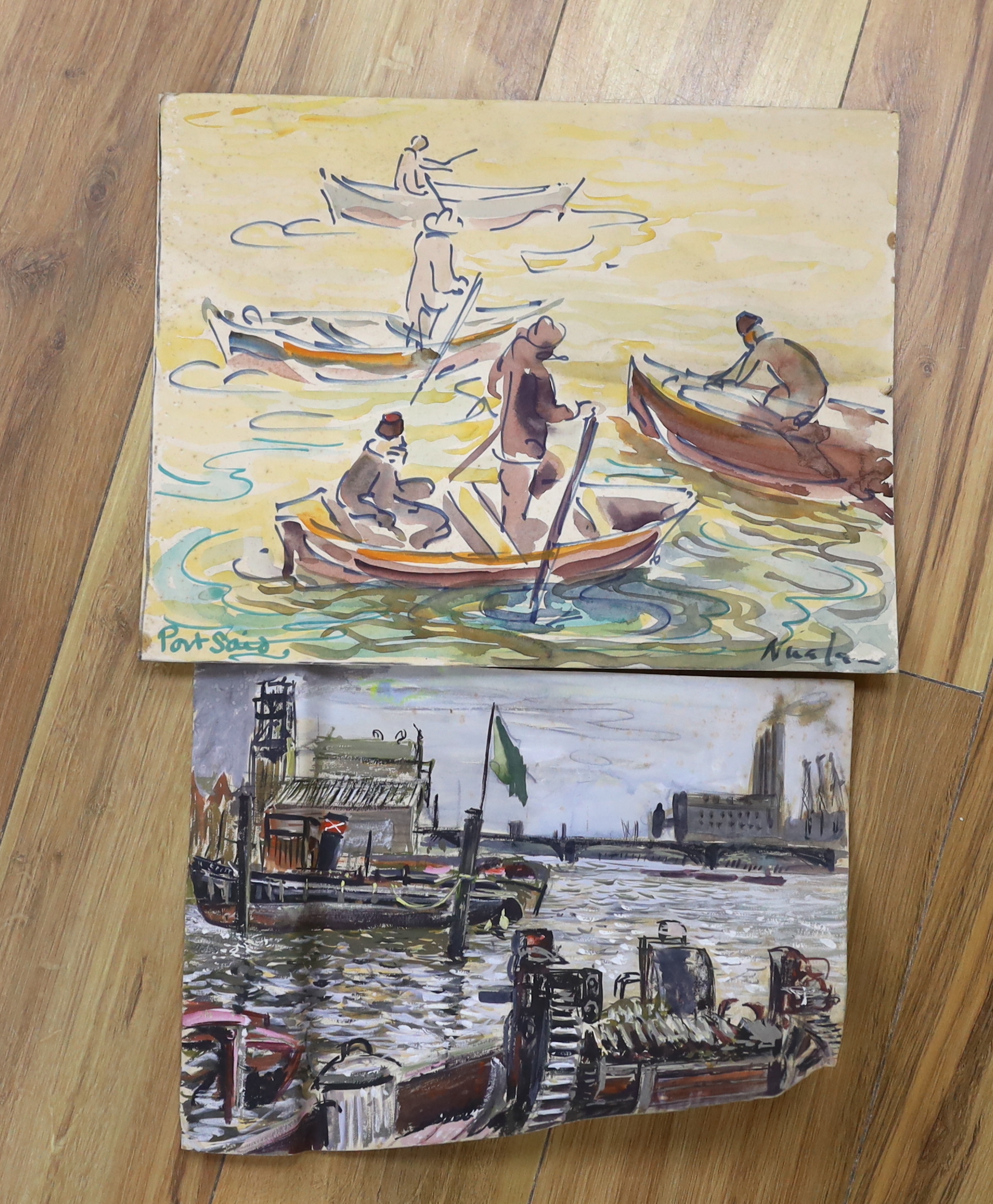 Nuala, ink and watercolour, 'Port Said', signed, 30 x 40cm, and a watercolour, English harbour scene, by another hand, 25 x 35cm